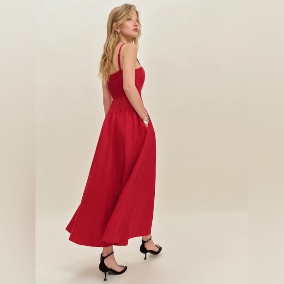 NEW Reformation Katarin Linen Midi Dress Lipstick Red Lace Detail | US 0 UK 4 - Picture 6 of 15